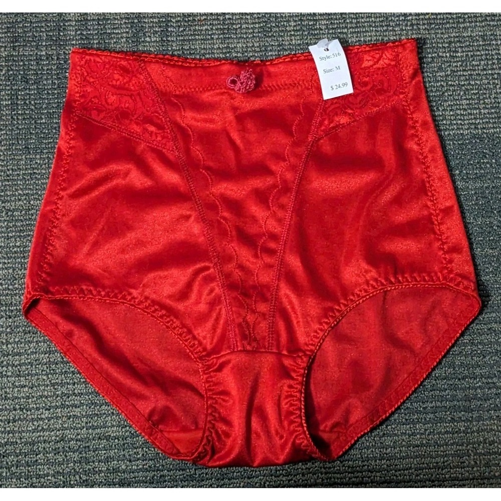NWT Vtg Medium Red Brief Panties Silky Shiny High Cut Lace Shaping Donna Loren